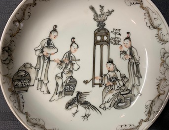 A pair of Chinese grisaille and gilt cups and saucers, Qianlong