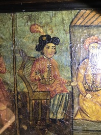 Qajar school: Triptiek met voorstelling van een prinselijke optocht, olie op paneel, Iran, 19e eeuw