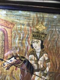 Qajar school: Triptiek met voorstelling van een prinselijke optocht, olie op paneel, Iran, 19e eeuw