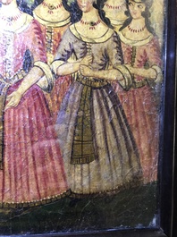 Qajar school: Triptiek met voorstelling van een prinselijke optocht, olie op paneel, Iran, 19e eeuw