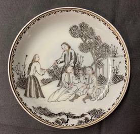 A Chinese grisaille 'immortals and tiger' plate and a pair of 'jesuit' cups and saucers, Qianlong