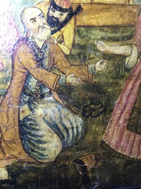 Qajar school: Triptiek met voorstelling van een prinselijke optocht, olie op paneel, Iran, 19e eeuw