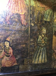 Qajar school: Triptiek met voorstelling van een prinselijke optocht, olie op paneel, Iran, 19e eeuw
