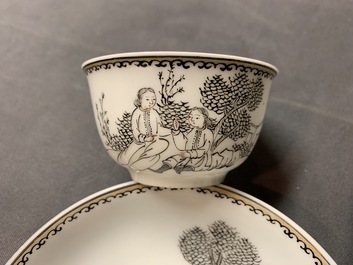 A Chinese grisaille 'immortals and tiger' plate and a pair of 'jesuit' cups and saucers, Qianlong