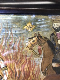 Qajar school: Triptiek met voorstelling van een prinselijke optocht, olie op paneel, Iran, 19e eeuw