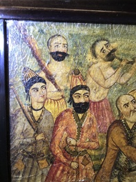 Qajar school: Triptiek met voorstelling van een prinselijke optocht, olie op paneel, Iran, 19e eeuw