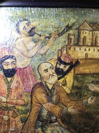 Qajar school: Triptiek met voorstelling van een prinselijke optocht, olie op paneel, Iran, 19e eeuw