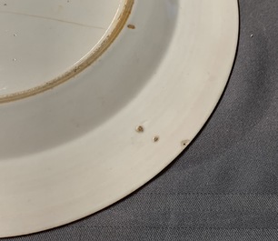 A Chinese grisaille 'immortals and tiger' plate and a pair of 'jesuit' cups and saucers, Qianlong