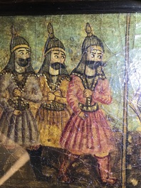 Qajar school: Triptiek met voorstelling van een prinselijke optocht, olie op paneel, Iran, 19e eeuw