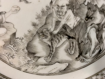 A Chinese grisaille 'immortals and tiger' plate and a pair of 'jesuit' cups and saucers, Qianlong