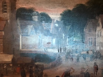 Vlaamse school: Kermistafereel met feesttafel, olie op paneel, 17e eeuw