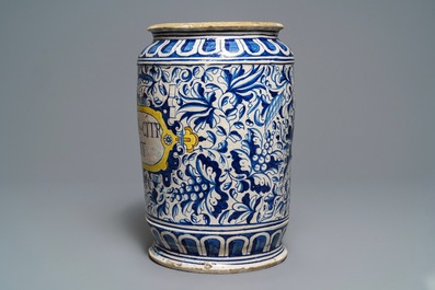 A large polychrome Antwerp maiolica 'a foglie' albarello, 2nd half 16th C.