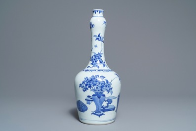 A Chinese blue and white bottle vase with inscription, Transitional period