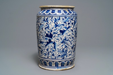 A large polychrome Antwerp maiolica 'a foglie' albarello, 2nd half 16th C.