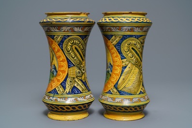 A pair of large polychrome Italian maiolica albarelli, Palermo, Lazzaro workshop, ca. 1600