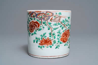 A large Chinese wucai 'birds and peonies' brush pot, Transitional period