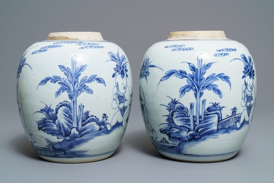 A pair of Chinese blue and white jars with boys in a garden, Kangxi