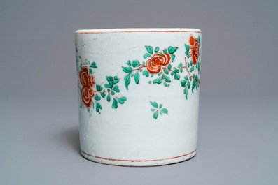 A large Chinese wucai 'birds and peonies' brush pot, Transitional period