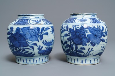 A pair of Chinese blue and white jars with birds among foliage, Wanli