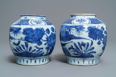 A pair of Chinese blue and white jars with birds among foliage, Wanli