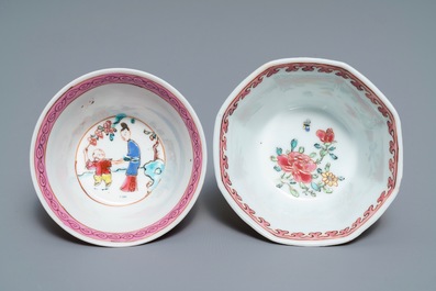 Two Chinese famille rose cups and saucers, Yongzheng/Qianlong