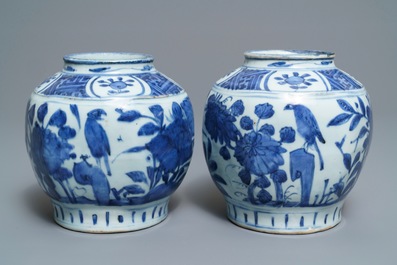 A pair of Chinese blue and white jars with birds among foliage, Wanli