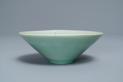 A Korean conical celadon bowl with underglaze floral design, Goryeo or later