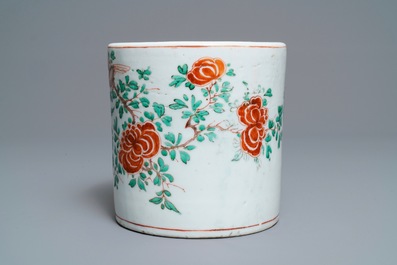 A large Chinese wucai 'birds and peonies' brush pot, Transitional period
