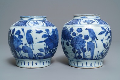 A pair of Chinese blue and white jars with birds among foliage, Wanli