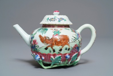 A Chinese famille rose lotus-moulded teapot and cover, Yongzheng