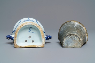 A Dutch Delft blue and white armorial 'campana' vase on stand, 18th C.