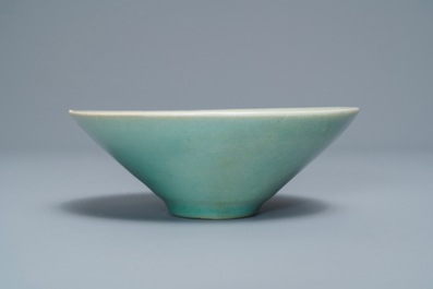 A Korean conical celadon bowl with underglaze floral design, Goryeo or later