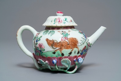 A Chinese famille rose lotus-moulded teapot and cover, Yongzheng