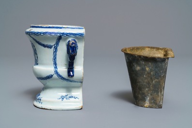 A Dutch Delft blue and white armorial 'campana' vase on stand, 18th C.