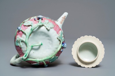 A Chinese famille rose lotus-moulded teapot and cover, Yongzheng