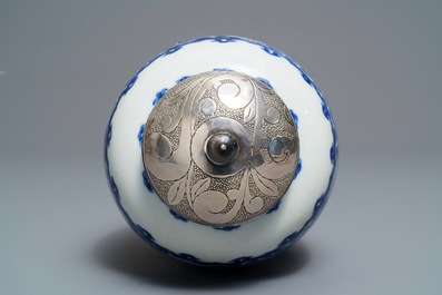 A Chinese silver-mounted blue and white tea caddy, Kangxi