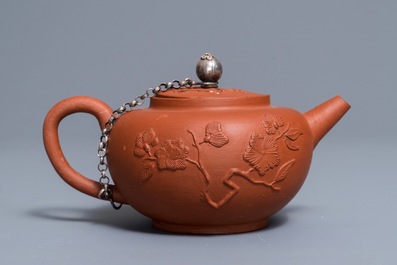 A Dutch Delft silver-mounted yixing style red earthenware teapot and cover, 1st quarter 18th C.