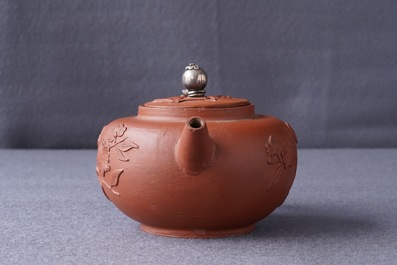 A Dutch Delft silver-mounted yixing style red earthenware teapot and cover, 1st quarter 18th C.