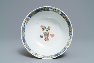 A Chinese famille verte plaque with playing boys and a landscape bowl, Kangxi