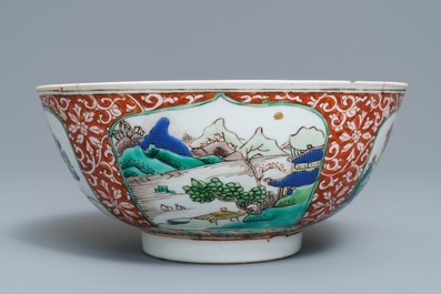 A Chinese famille verte plaque with playing boys and a landscape bowl, Kangxi