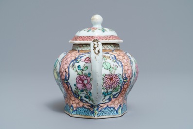 An octagonal Chinese famille rose teapot and cover, Yongzheng