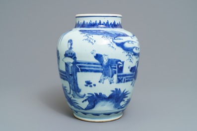 A Chinese blue and white jar with ladies in a garden, Transitional period