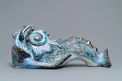 A rare Brussels faience dolphin-shaped fountain, 18th C.