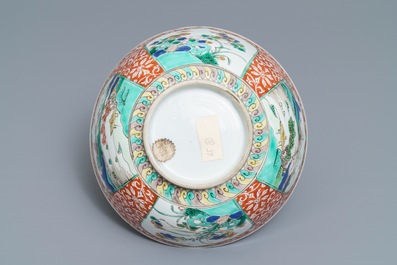 A Chinese famille verte plaque with playing boys and a landscape bowl, Kangxi