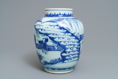 A Chinese blue and white jar with ladies in a garden, Transitional period