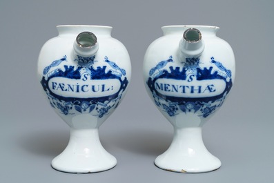 A pair of Dutch Delft blue and white wet drug jars, 18th C.