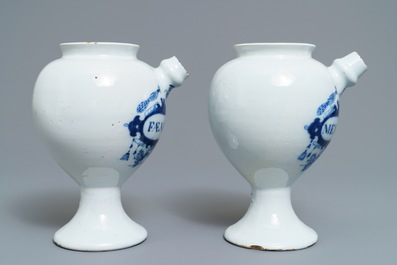 A pair of Dutch Delft blue and white wet drug jars, 18th C.