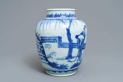 A Chinese blue and white jar with ladies in a garden, Transitional period