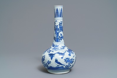 A Chinese blue and white bottle vase with birds in a landscape, Wanli