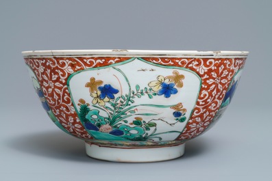 A Chinese famille verte plaque with playing boys and a landscape bowl, Kangxi